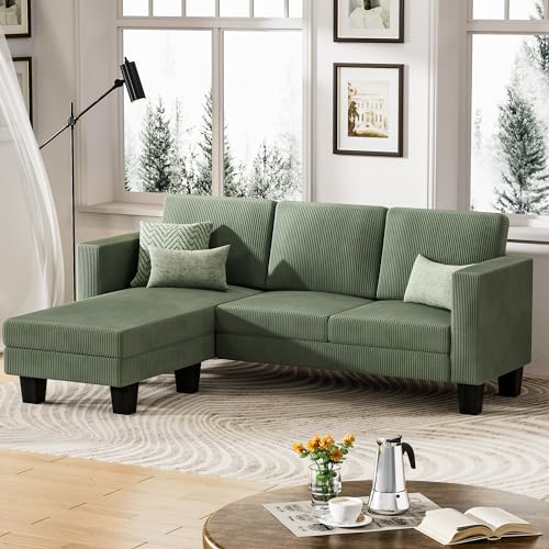 L-Shaped Convertible Sectional Sofa 3 Seater with Corduroy Fabric, Complete with Mobile Footrest, for Living Room, Apartment and Office, 70", Green