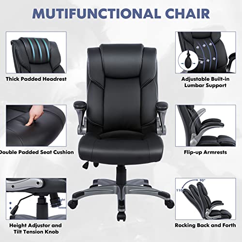 High Back Executive Office Chair, Ergonomic Leather Desk Chair with Padded Flip-Up Arms, Tilt Lock & Swivel for Home Office, Black