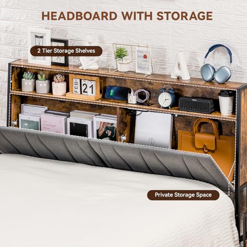 Platform Bed Frame with LED Lights and Charging Station, Storage Headboard and Footboard Drawers, , Rustic Wood Look (Queen)