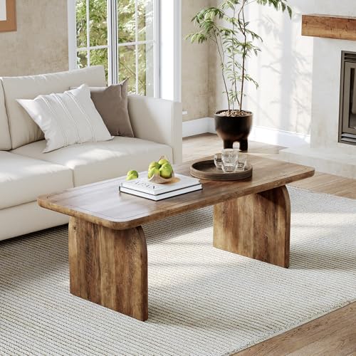 Farmhouse Coffee Table – 47" Rustic Brown Wood Center Table with Rounded Corners, Modern Rectangular Tea Table for Living Room