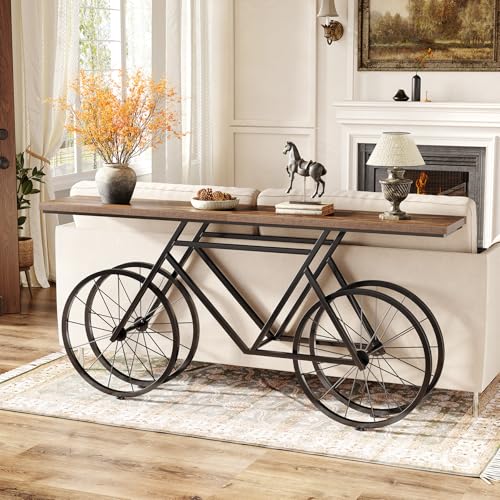 Narrow Sofa Table, 70.9-Inch Extra Long Console Table for Living Room, Entryway, with Unique Bicycle Metal Base. Rustic Brown