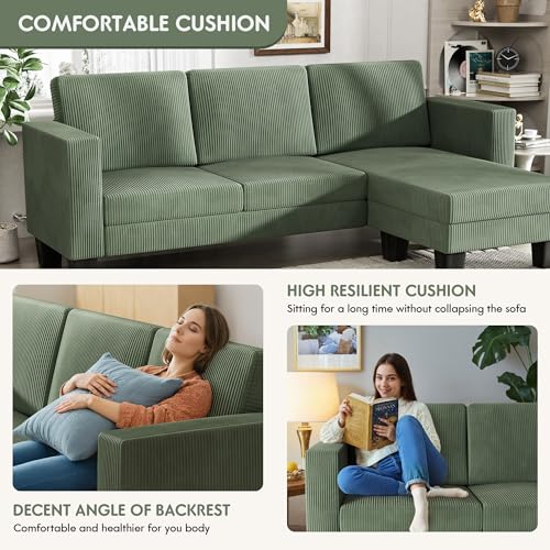 L-Shaped Convertible Sectional Sofa 3 Seater with Corduroy Fabric, Complete with Mobile Footrest, for Living Room, Apartment and Office, 70", Green