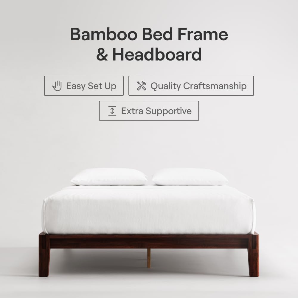 Bamboo  - Queen - Walnut - Floating Center Support Legs - 12” Height - Easy Tool Free Set Up - Contemporary and Durable - Sturdy Wooden Support