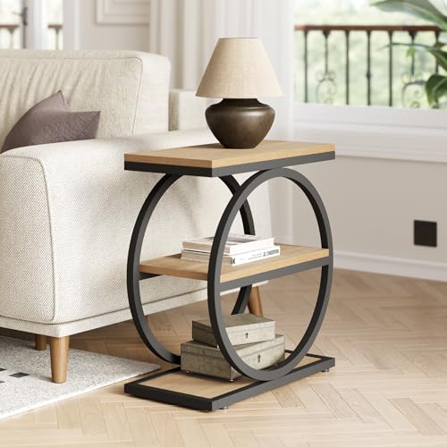 Set of 2 End Tables, 3-Tier Wooden Side Tables with Double Round Metal Legs, Slim Nightstands for Living Room, Bedroom, Oak Finish