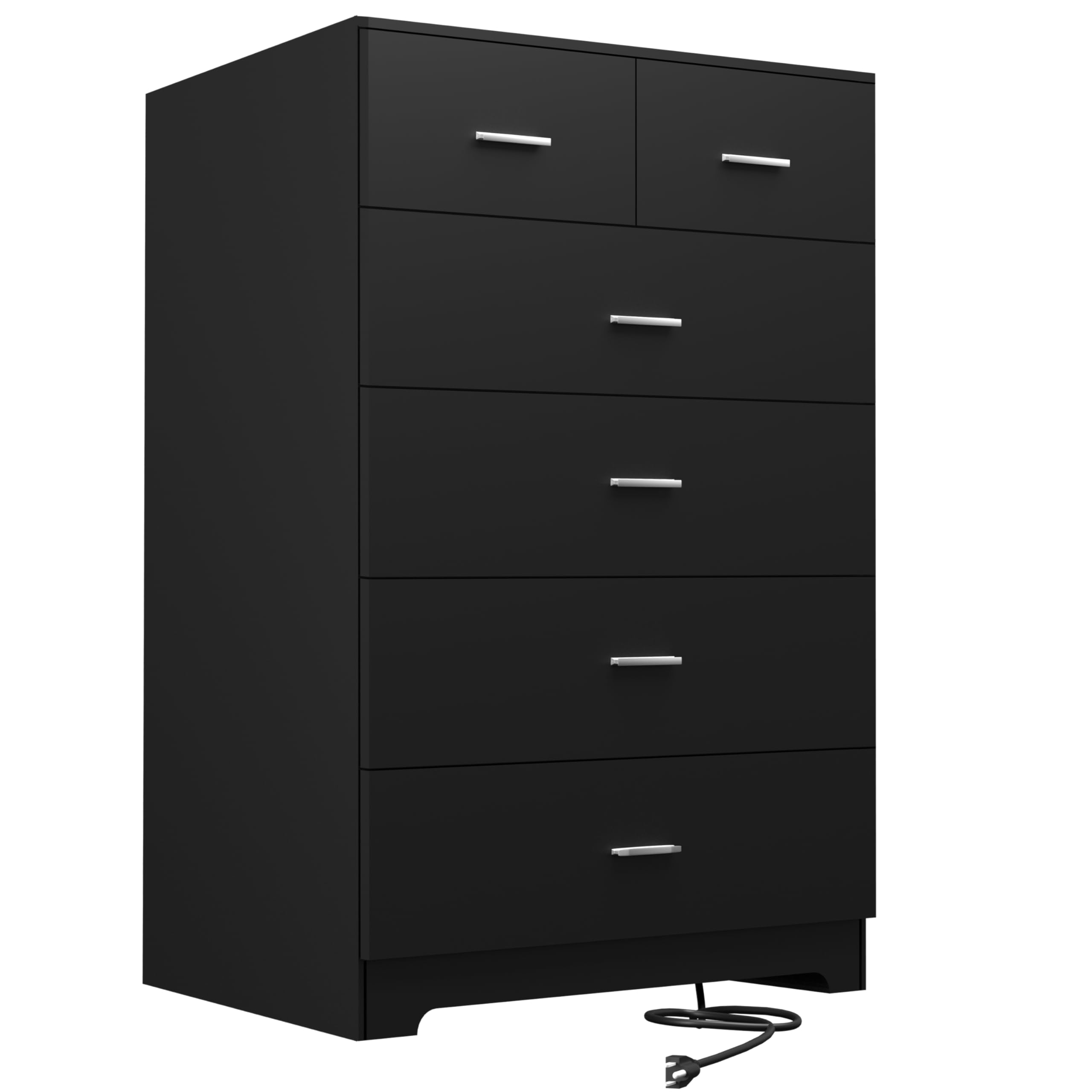 6-Drawer Wooden Dresser with Power Outlets, Black Tall Storage Organizer, Smooth Metal Rails, Modern Chest for Bedroom & Hallway