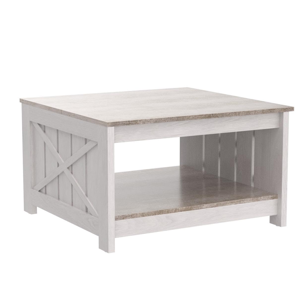 Farmhouse Coffee Table with Storage – Rustic Grey Wood Square Cocktail Table for Living Room, Half Open Compartment Design