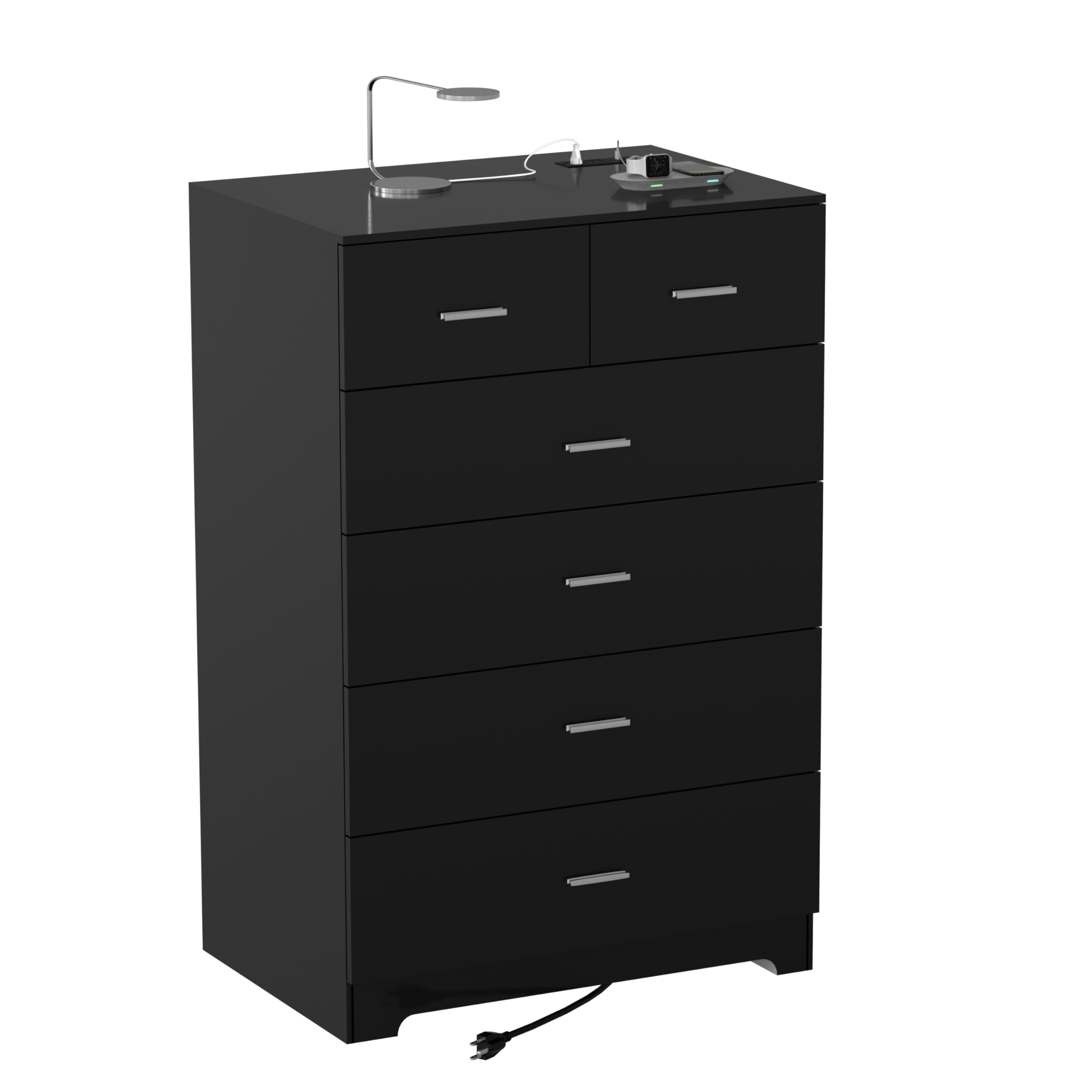 6-Drawer Wooden Dresser with Power Outlets, Black Tall Storage Organizer, Smooth Metal Rails, Modern Chest for Bedroom & Hallway
