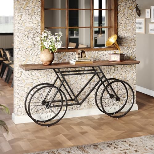 Narrow Sofa Table, 70.9-Inch Extra Long Console Table for Living Room, Entryway, with Unique Bicycle Metal Base. Rustic Brown
