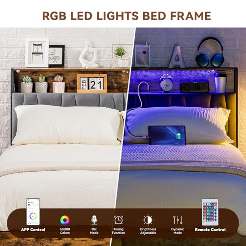 Platform Bed Frame with LED Lights and Charging Station, Storage Headboard and Footboard Drawers, , Rustic Wood Look (Queen)