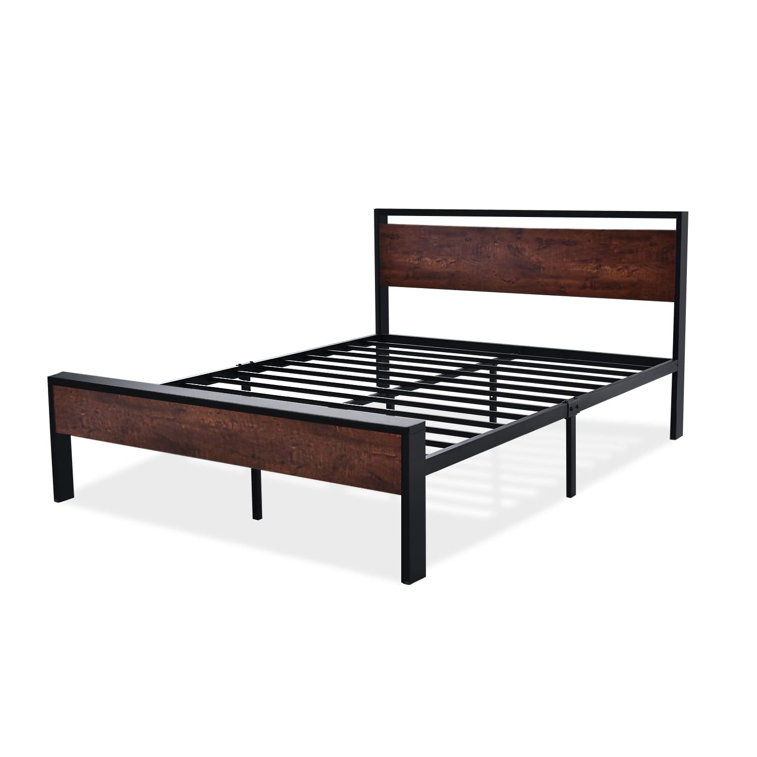 14 Inch Full Size Metal  with Wooden Headboard and Footboard, , , Large Under Bed Storage, Non-Slip Without Noise, Mahogany