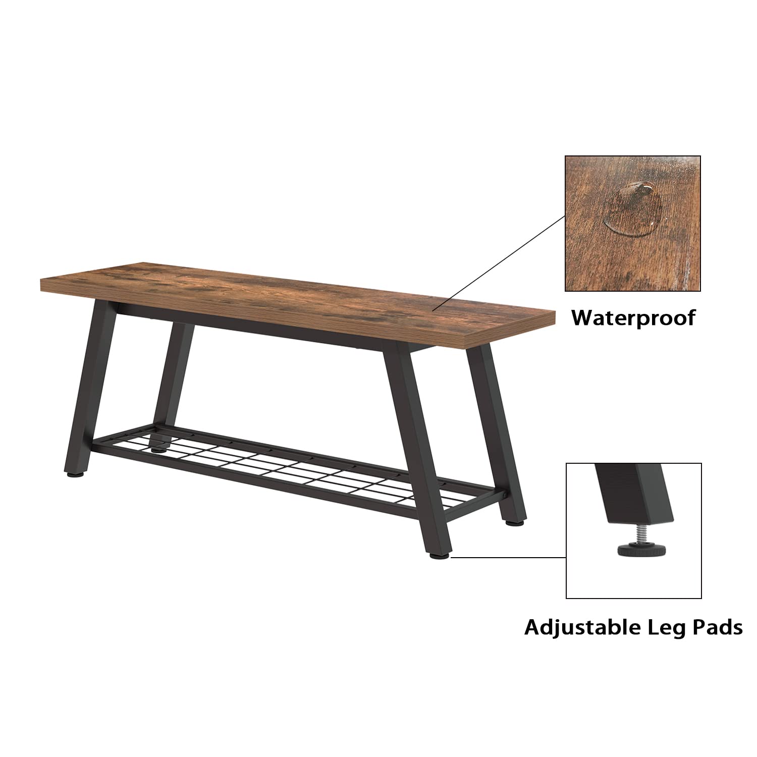 Storage Bench Industrial Rustic Wooden and Metal Entryway Shoe Boots Storage Rack Long Bench Seat for Hallway Bedroom Retro Brown Farmhouse Style
