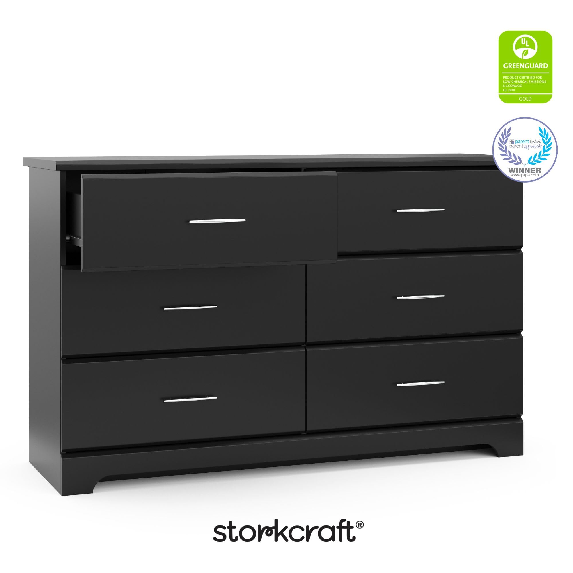 Brookside 6 Drawer Double Dresser for Nursery & Kids, GREENGUARD Gold Certified Chest of Drawers Organizer, Black