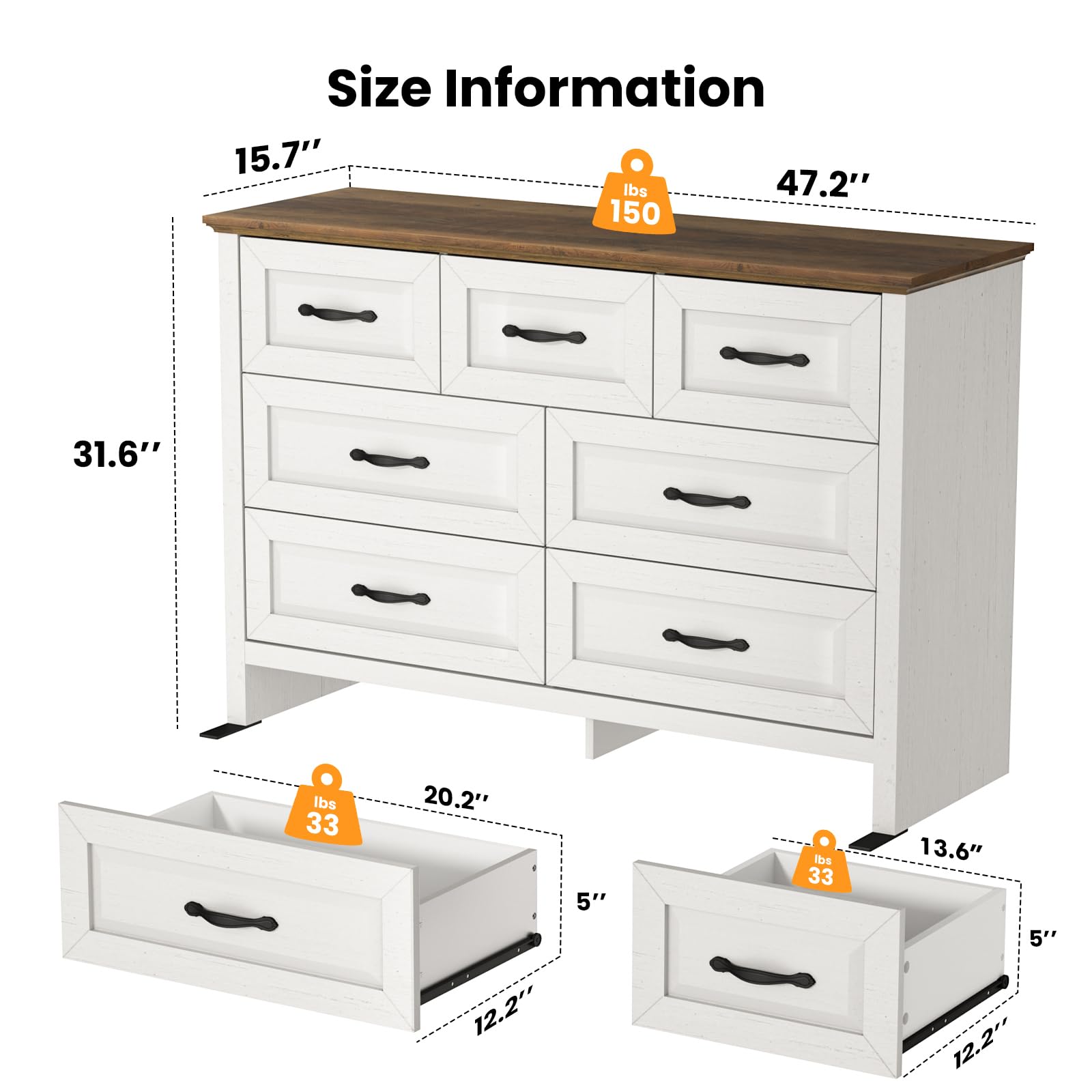 Farmhouse 7-Drawer Dresser for Bedroom, 47.2" Wide Wood Chest with Natural Texture & Large Drawers for Living Room, Hallway, Brown & White