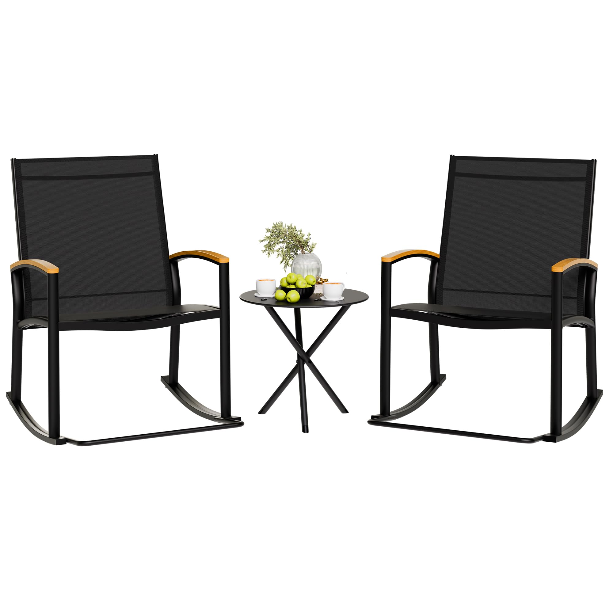 3 Piece Outdoor Rocking Bistro Set, Textilene Fabric Patio Furniture with Table, Porch Rocker Chairs for Lawn, Garden, Balcony, Black