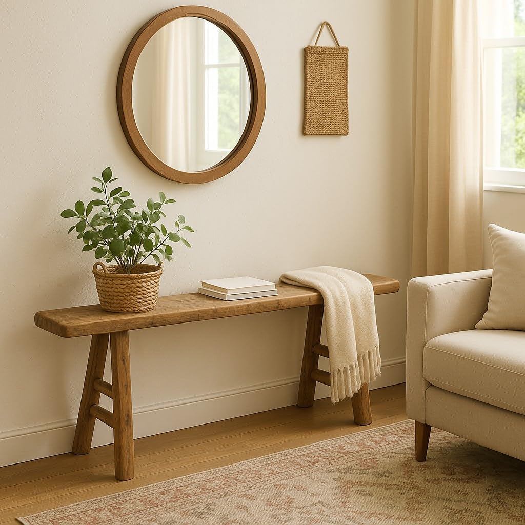 Handmade Wooden Bench, Vintage Noodle Bench for Living Room, Kitchen, or Entryway, Weathered Natural Wood Finish