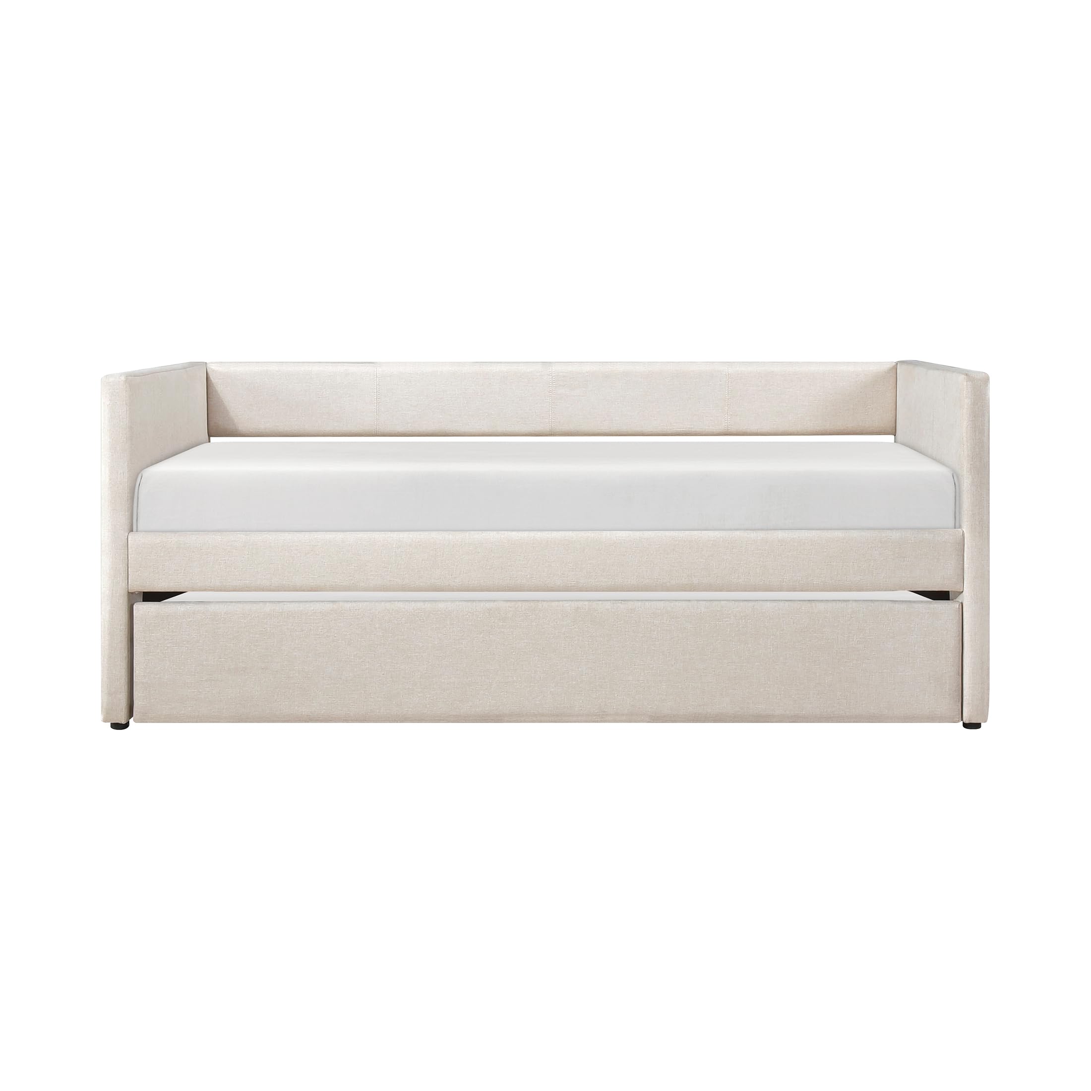 Upholstered Twin Daybed with Trundle, Textured Fabric Sofa Bed with Backrest & Wood Slat Support for Bedroom, Guest Room, Beige