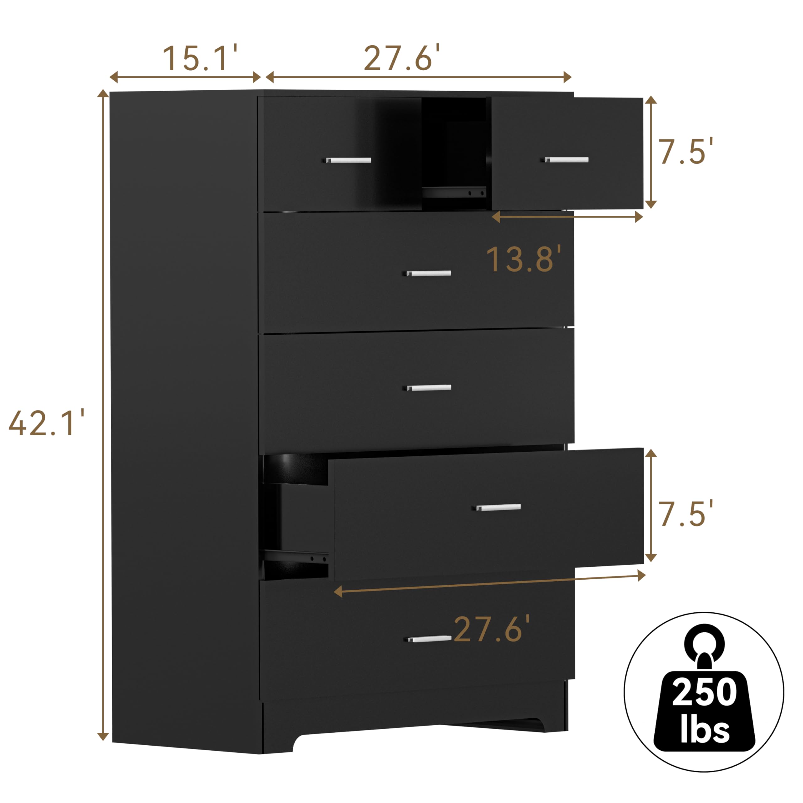 6-Drawer Wooden Dresser with Power Outlets, Black Tall Storage Organizer, Smooth Metal Rails, Modern Chest for Bedroom & Hallway