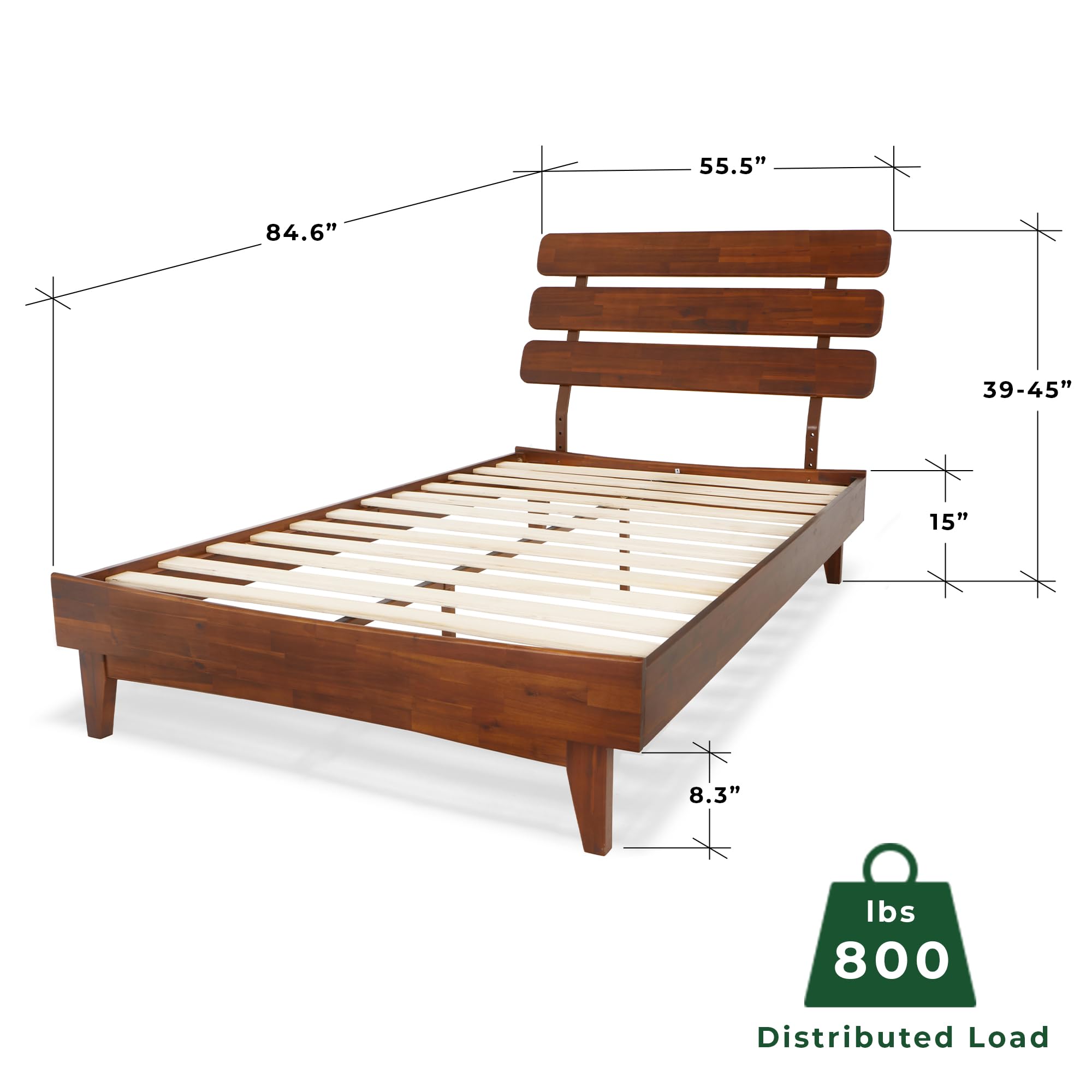 Caden 15 Inch Deluxe Bed Frame with Adjustable Headboard - Mid Century, Retro Style with Acacia Wood -  - 12 Strong Wood Slat Support -