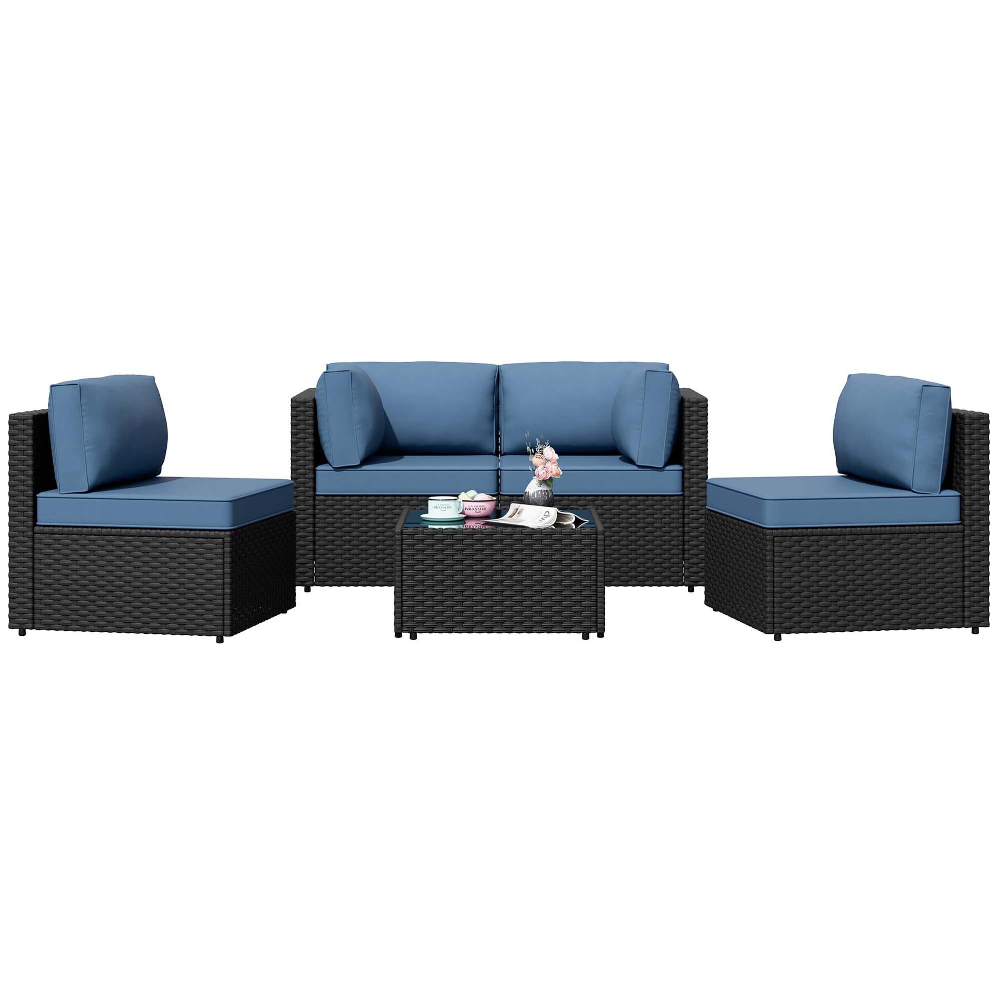 5 Pieces Outdoor Patio Sectional Sofa Couch, PE Wicker Furniture Set with Cushions and Glass Coffee Table for Garden, Poolside, Backyard, Blue