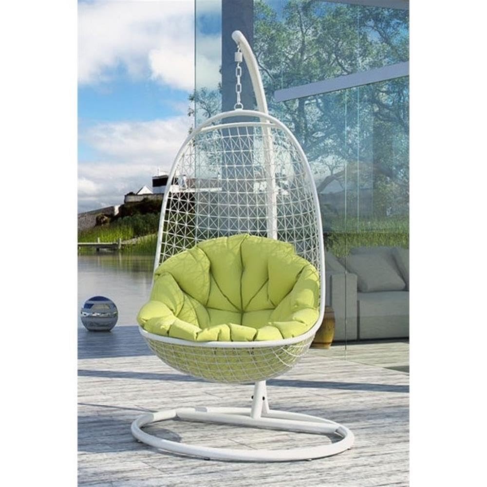 Encounter Wicker Rattan Outdoor Patio Porch Lounge Hanging Swing Chair Set with Stand in White