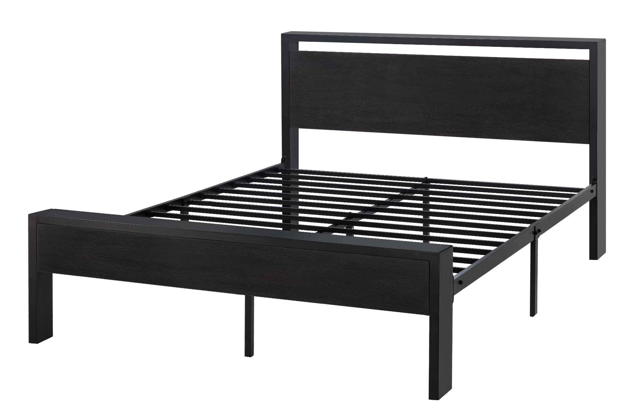 14 Inch Full Size Metal  with Wooden Headboard and Footboard, , , Large Under Bed Storage, Non-Slip Without Noise, Black Oak