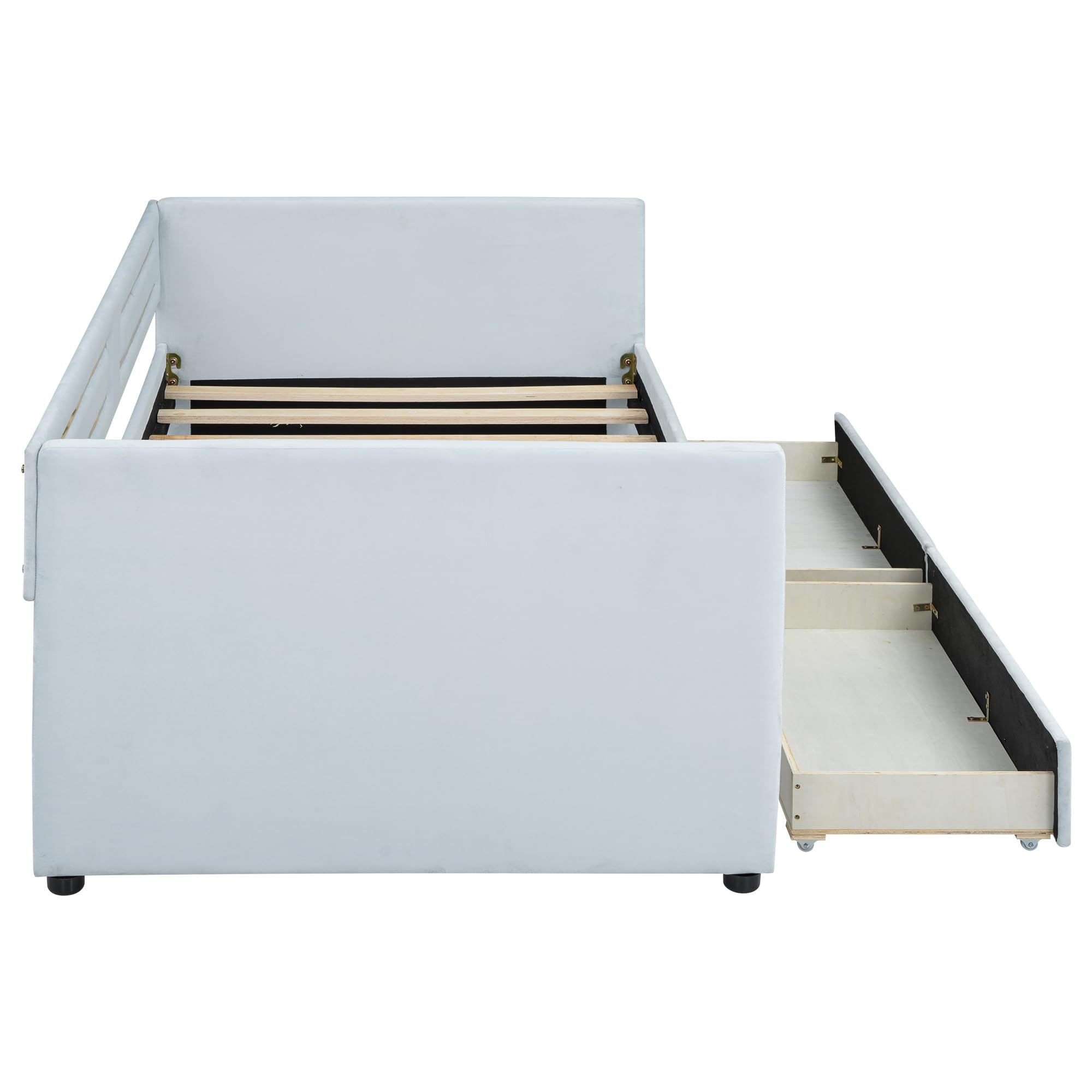 Twin Size Upholstered Daybed with Storage Drawers, Trundle Bed with Metal Border, Backrest & Armrest, Wood Slat Support, Blue