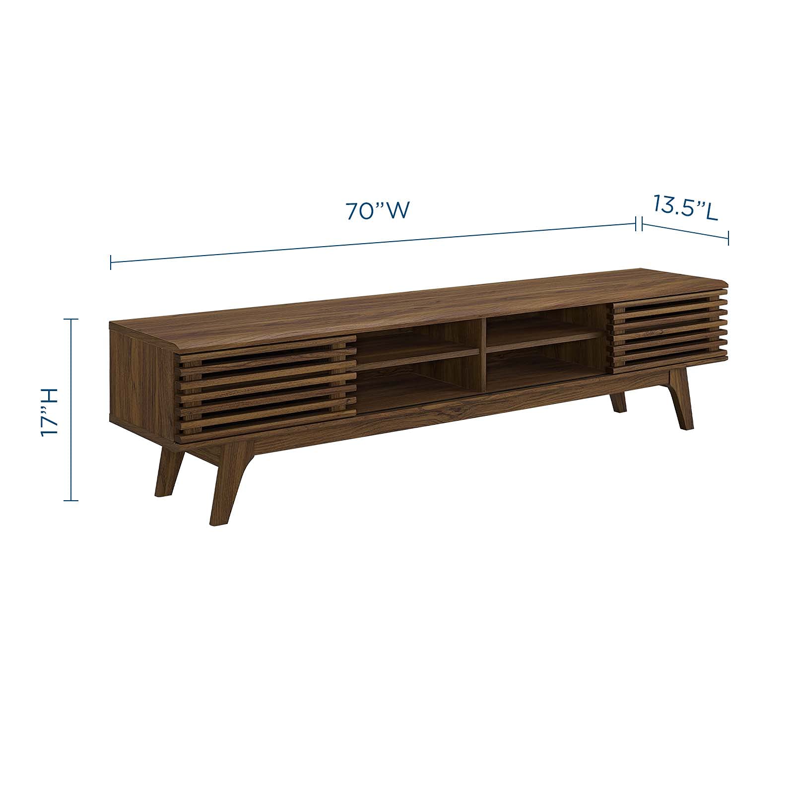 Render 70" Mid-Century Modern Low Profile Media Console TV Stand, 70 Inch, Walnut Walnut