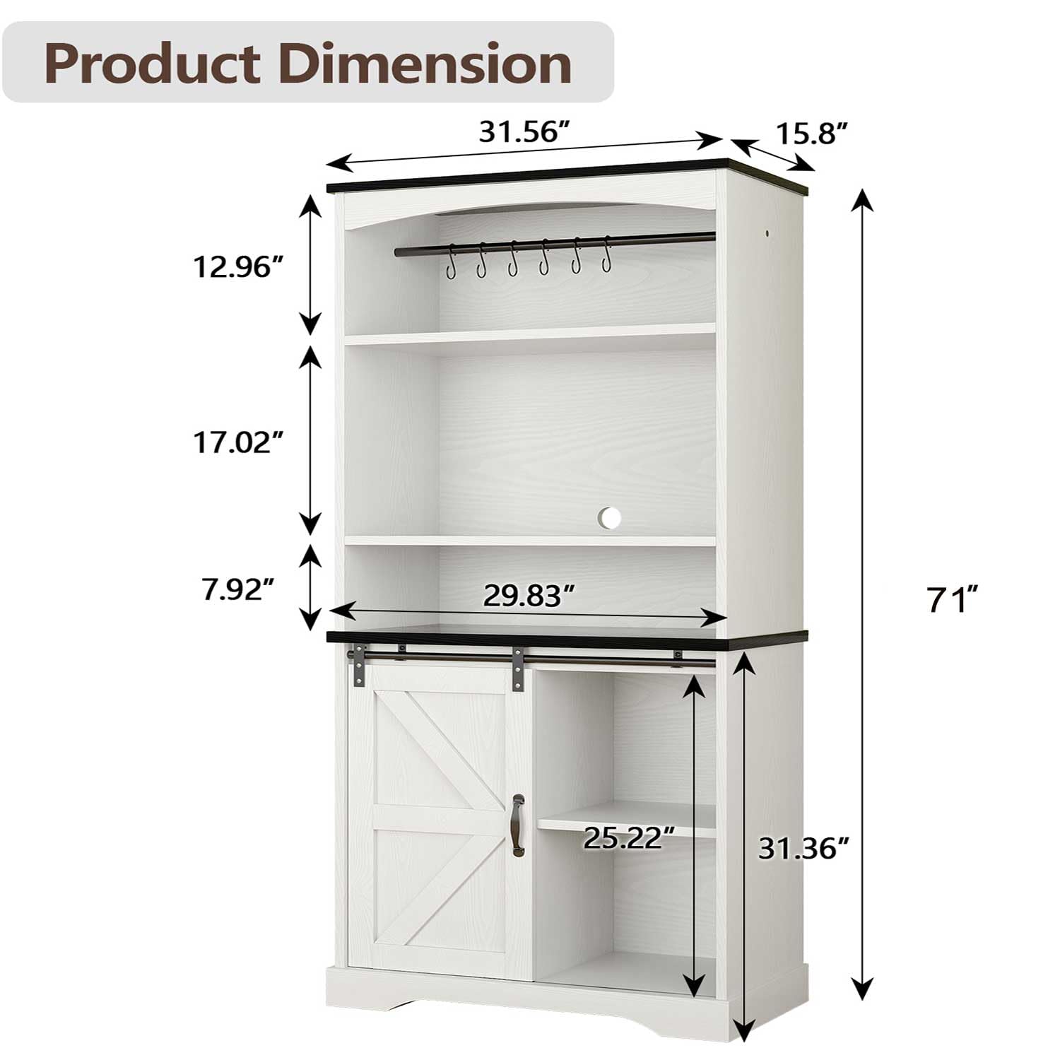 Farmhouse Tall Coffee Bar with Tall Hutch, White Coffee Bar Cabinet with 3 Tier Shelves, 70 Inch Buffet Cabinet with Sliding Barn Door and Adjustable