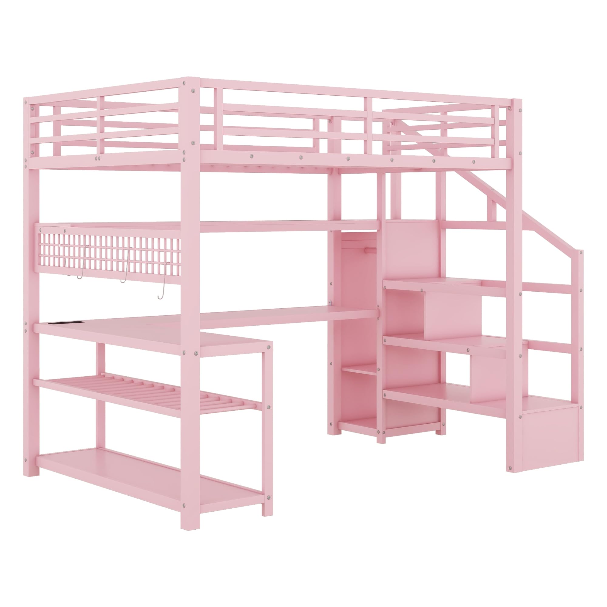 Full Size Metal Loft Bed with LED, Desk, Drawers, Shelves, Hanging Rod & Charging Station – Gaming Loft Bed for Teens/Kids, Pink