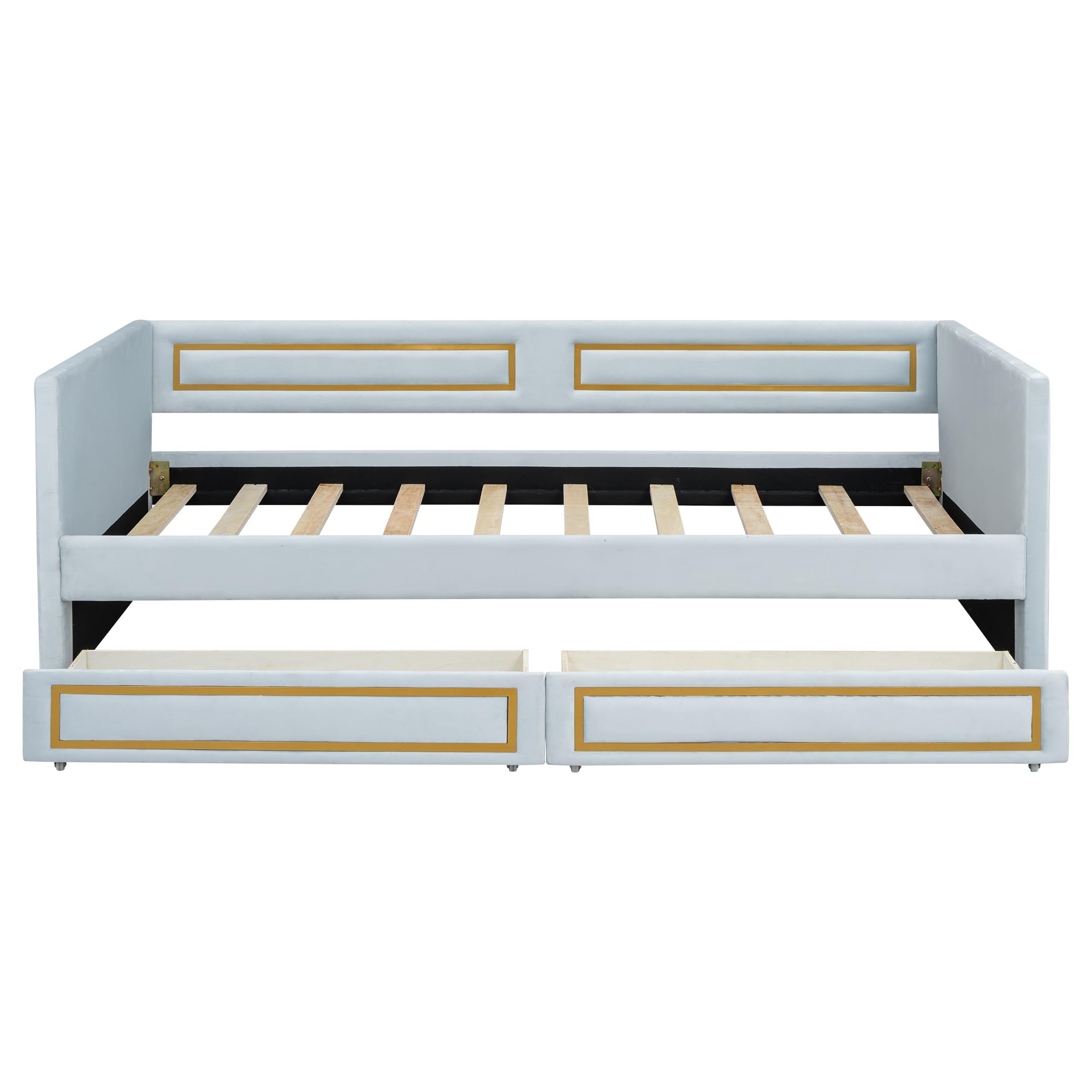 Twin Size Upholstered Daybed with Storage Drawers, Trundle Bed with Metal Border, Backrest & Armrest, Wood Slat Support, Blue