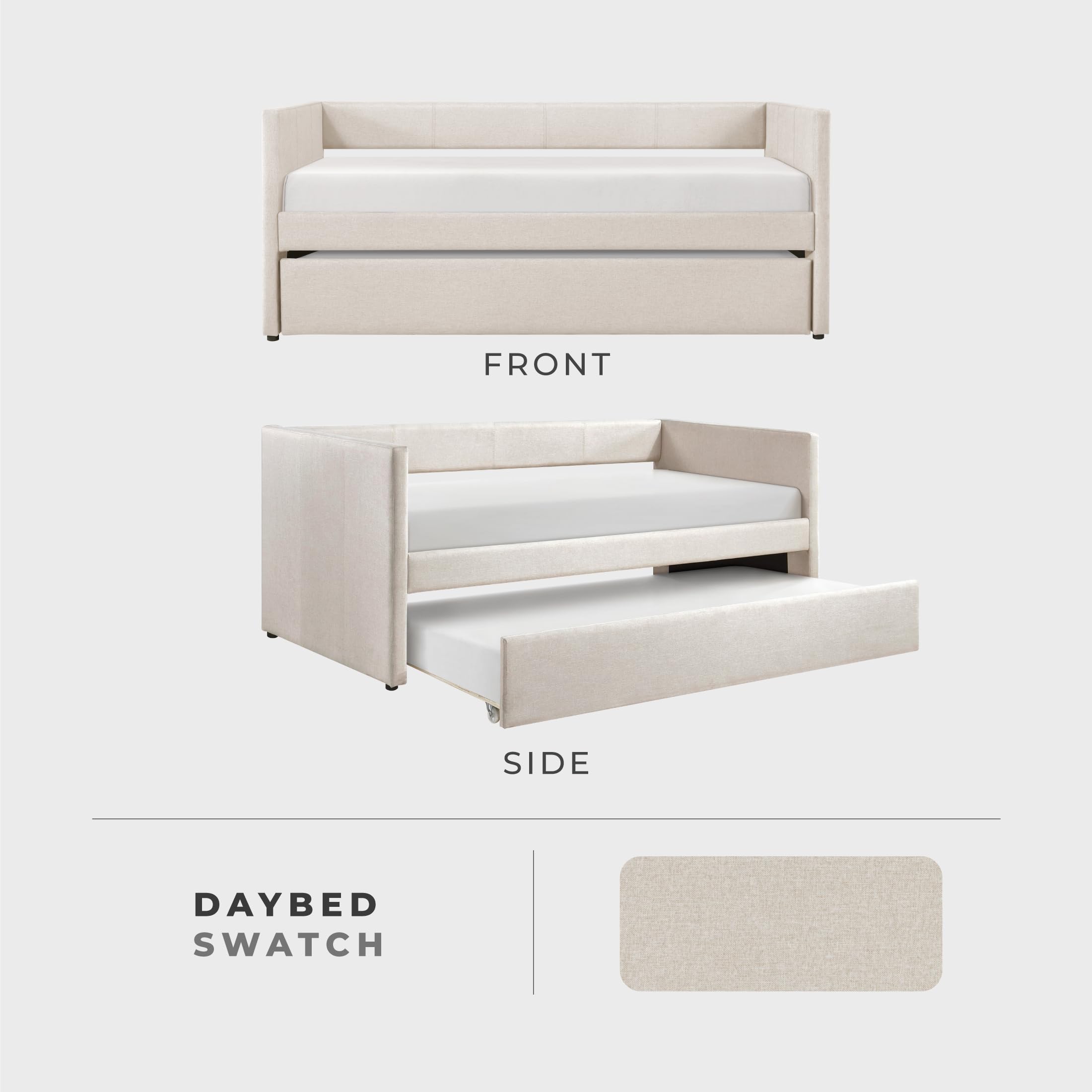 Upholstered Twin Daybed with Trundle, Textured Fabric Sofa Bed with Backrest & Wood Slat Support for Bedroom, Guest Room, Beige