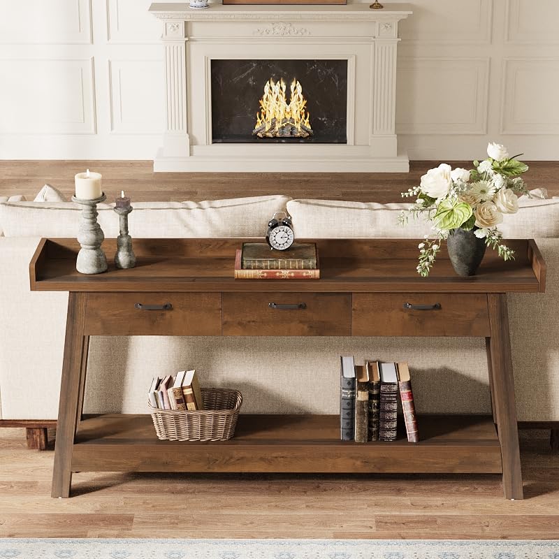 70.9" Farmhouse Sofa Console Table with 3 Drawers, 2-Tier Extra Long Entryway Table with Shelves & Baffle for Hallway, Living Room, Rustic Brown