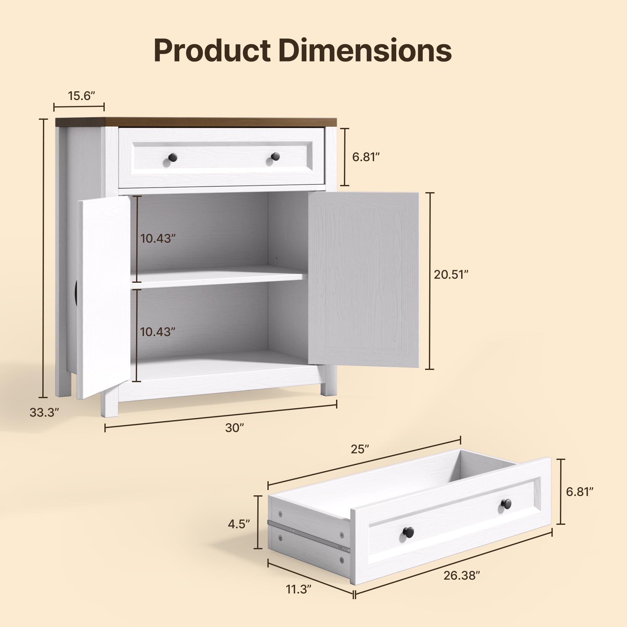 Kitchen Storage Cabinet with Adjustable Shelf, Farmhouse Coffee Bar Sideboard Buffet with Large Drawer, Barn Door, 30"W x 15.6"D x 33.3"H