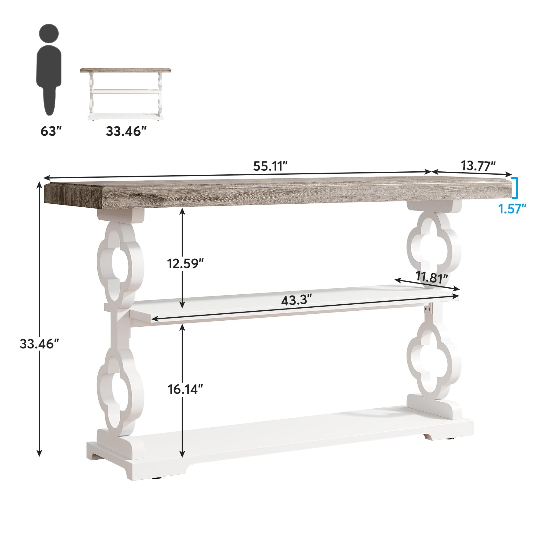 55" Farmhouse Console Table, 3-Tier Wood Sofa Table with Storage Shelves for Entryway, Hallway, Living Room, Grey & White