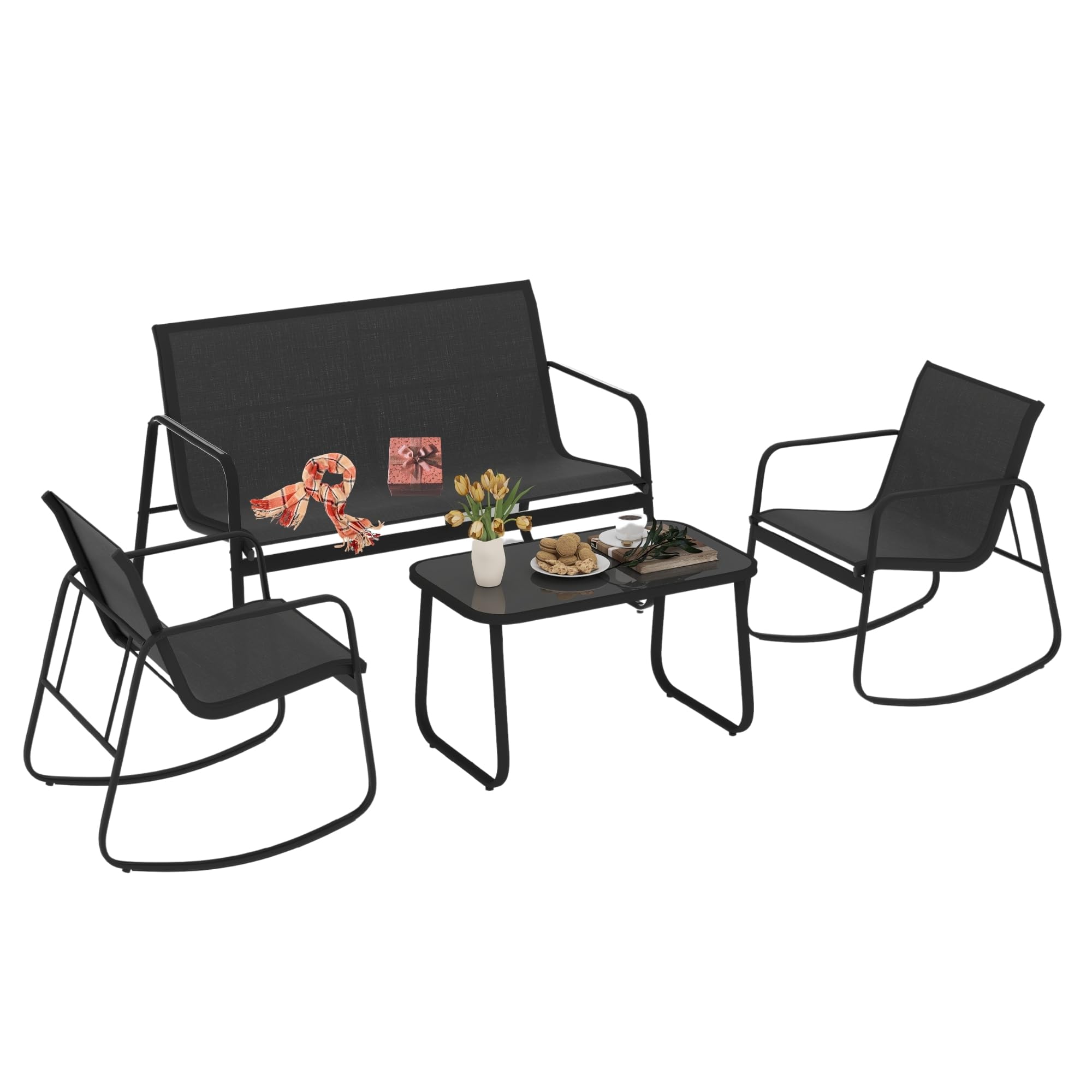 4-Piece Patio Furniture Set, Textilene Conversation Set with 2 Rocking Chairs and Tempered Glass Coffee Table, Perfect for Indoor Patio Lawn Garden Poolside, Black