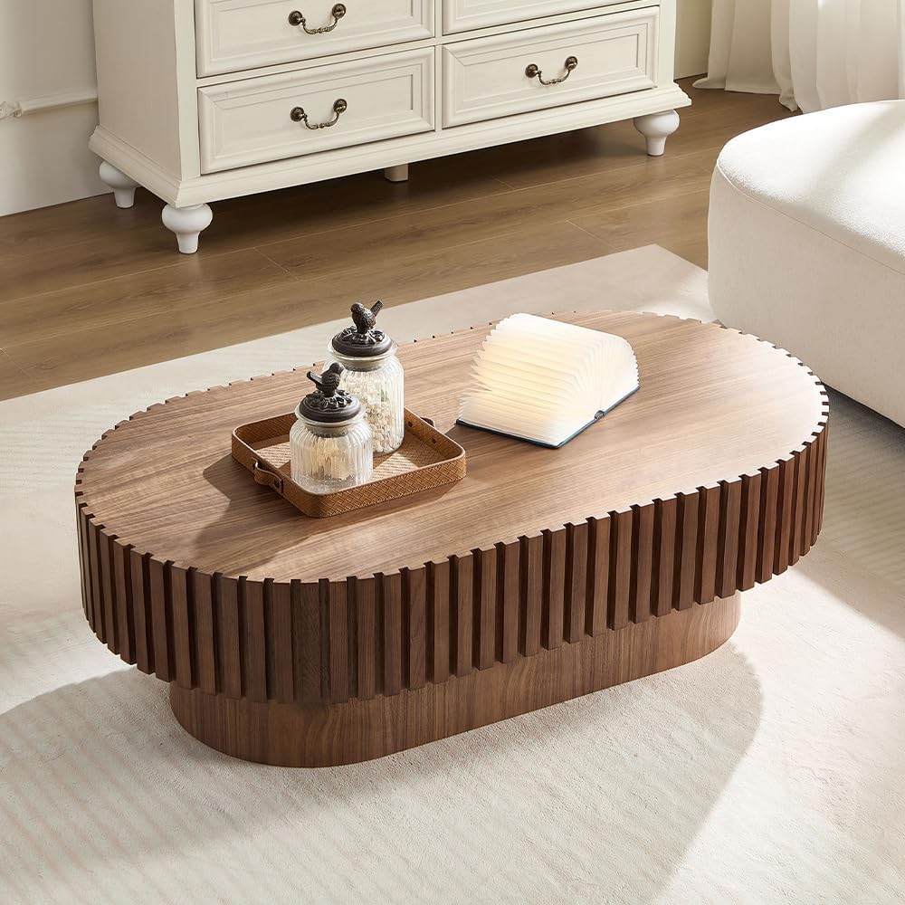Oval Coffee Table for Living Room Fluted Coffee Table with Pedestal Modern Handcrafted Centre Table Tea Table Easy Assembly 43.7" Walnut