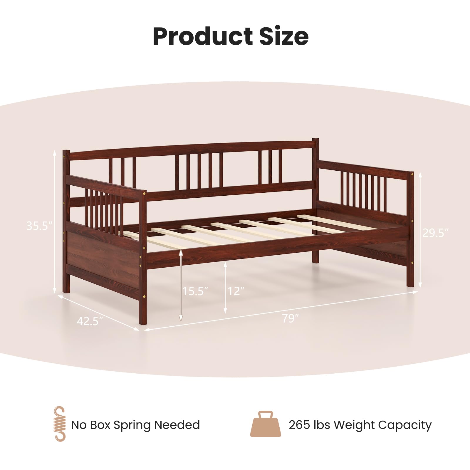 Twin Daybed Frame, Wooden Sofa Bed with Rails & Slat Support, Dual-Use Platform Bed for Bedroom or Living Room, No Box Spring Needed, Cherry