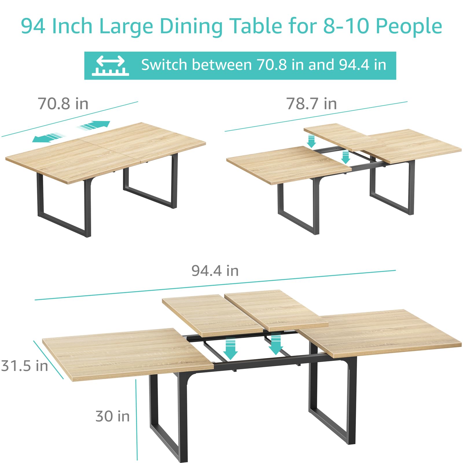 Large Dining Table for 8 - to 10 Person 94I n Long Expandable Dinning Kitchen Room Tables for 6 or 8-10 People Seater Extendable