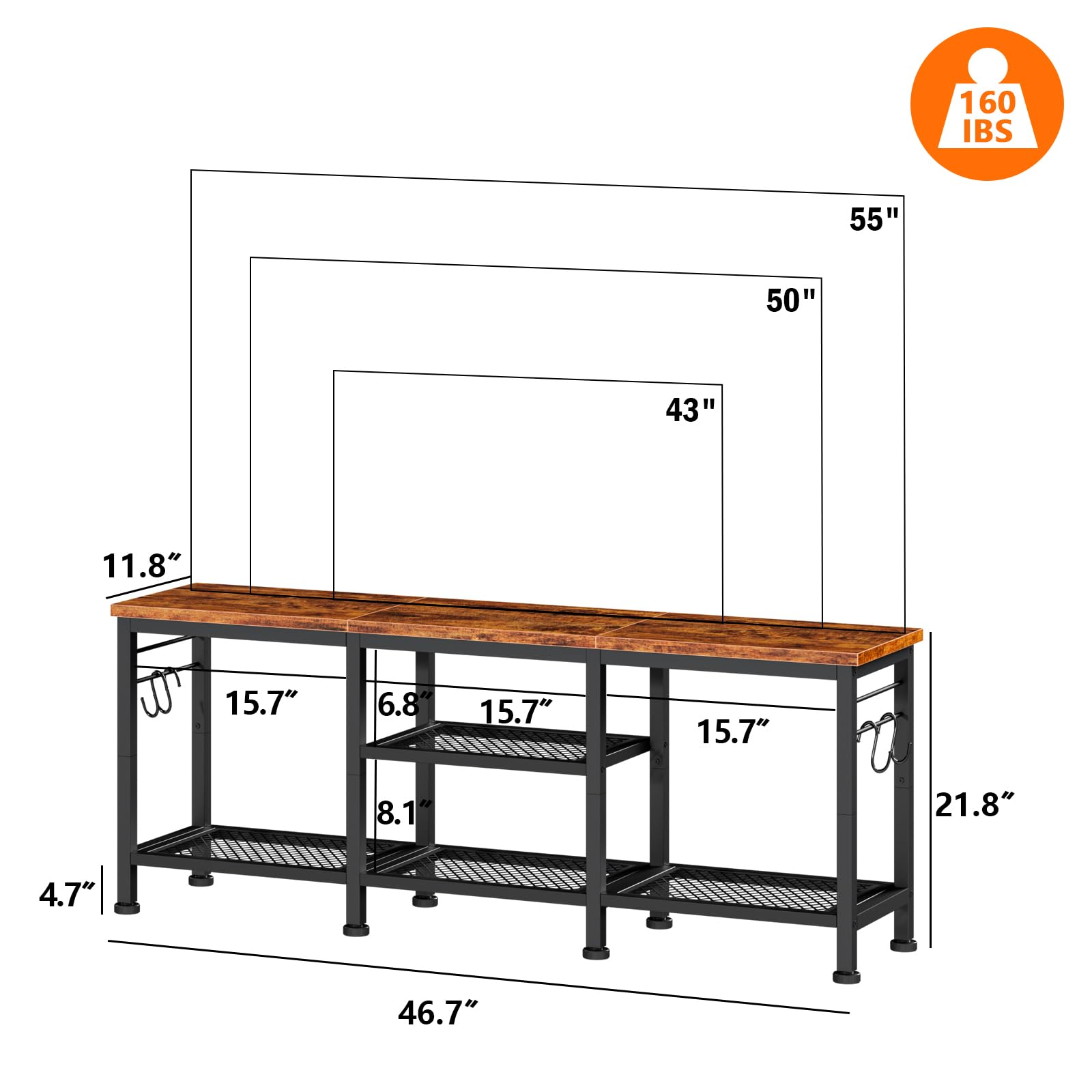 TV Stand for TVs up to 55", Entertainment Center with Open Storage Shelves & Soundbar Shelf, Media Console Table for Living Room, Bedroom, Rustic Brown