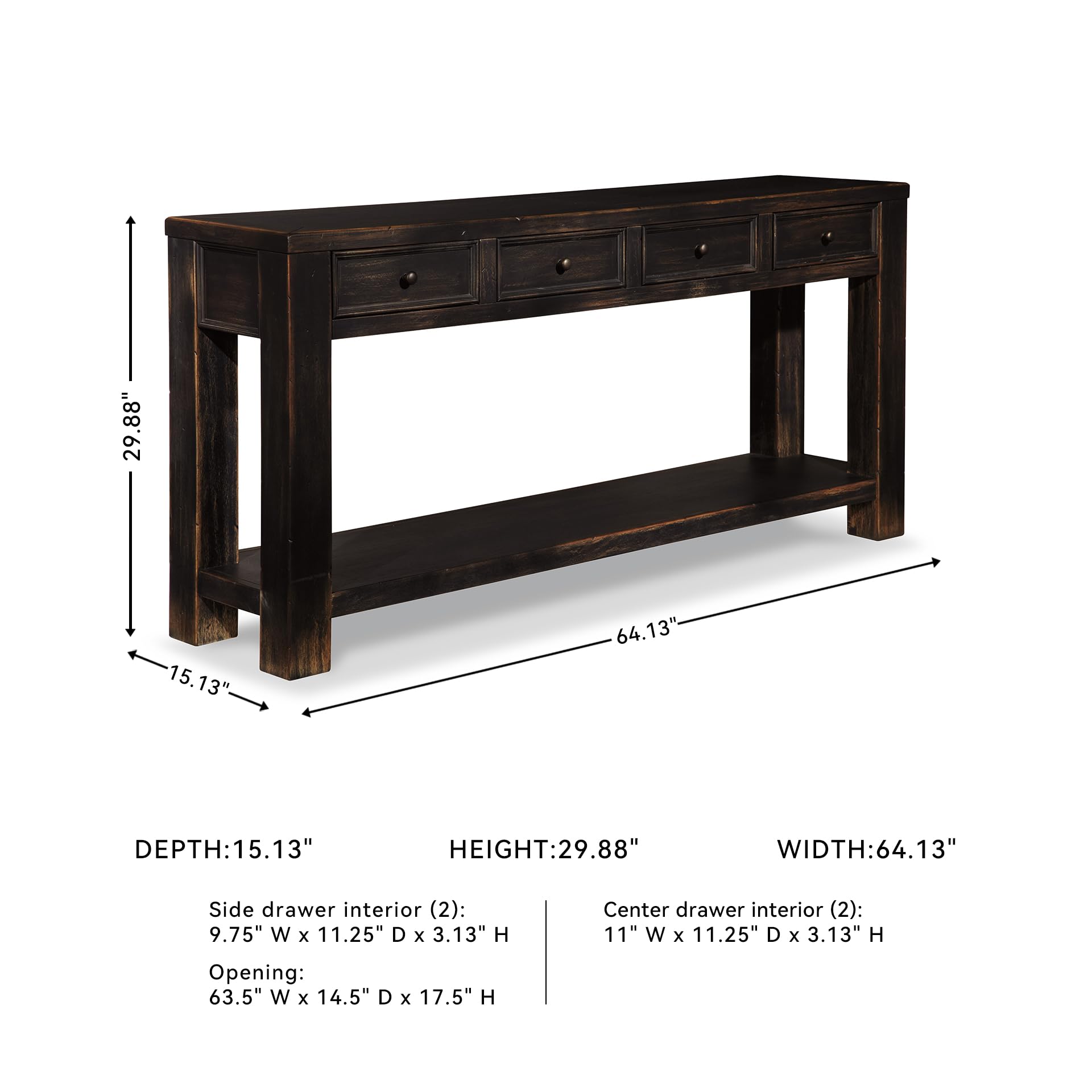 Design by Ashley Gavelston Rustic Sofa Table with 4 Drawers and Lower Shelf, Weathered Black