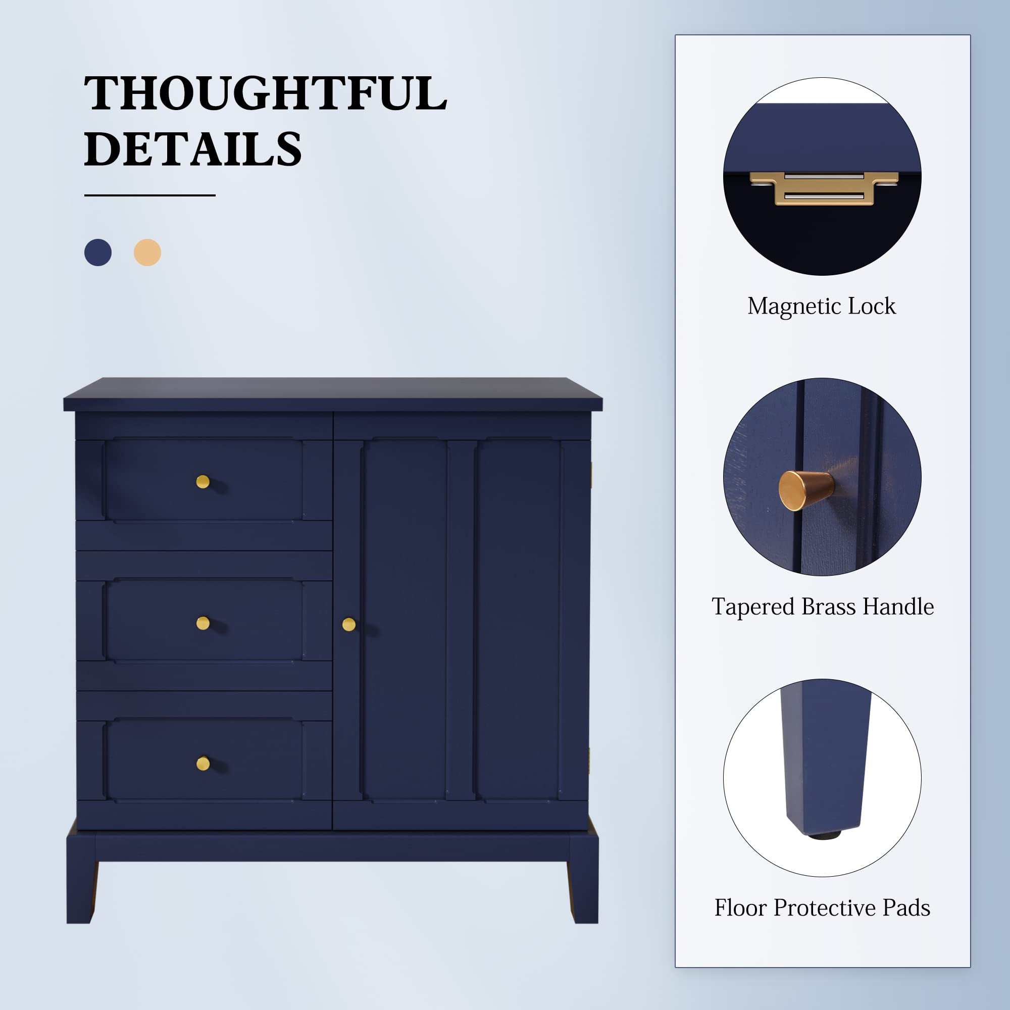Accent Cabinet with 3 Drawers and Door, Wooden Storage Cabinet with Shelves, Sideboard for Living Room, Entryway, Navy Blue