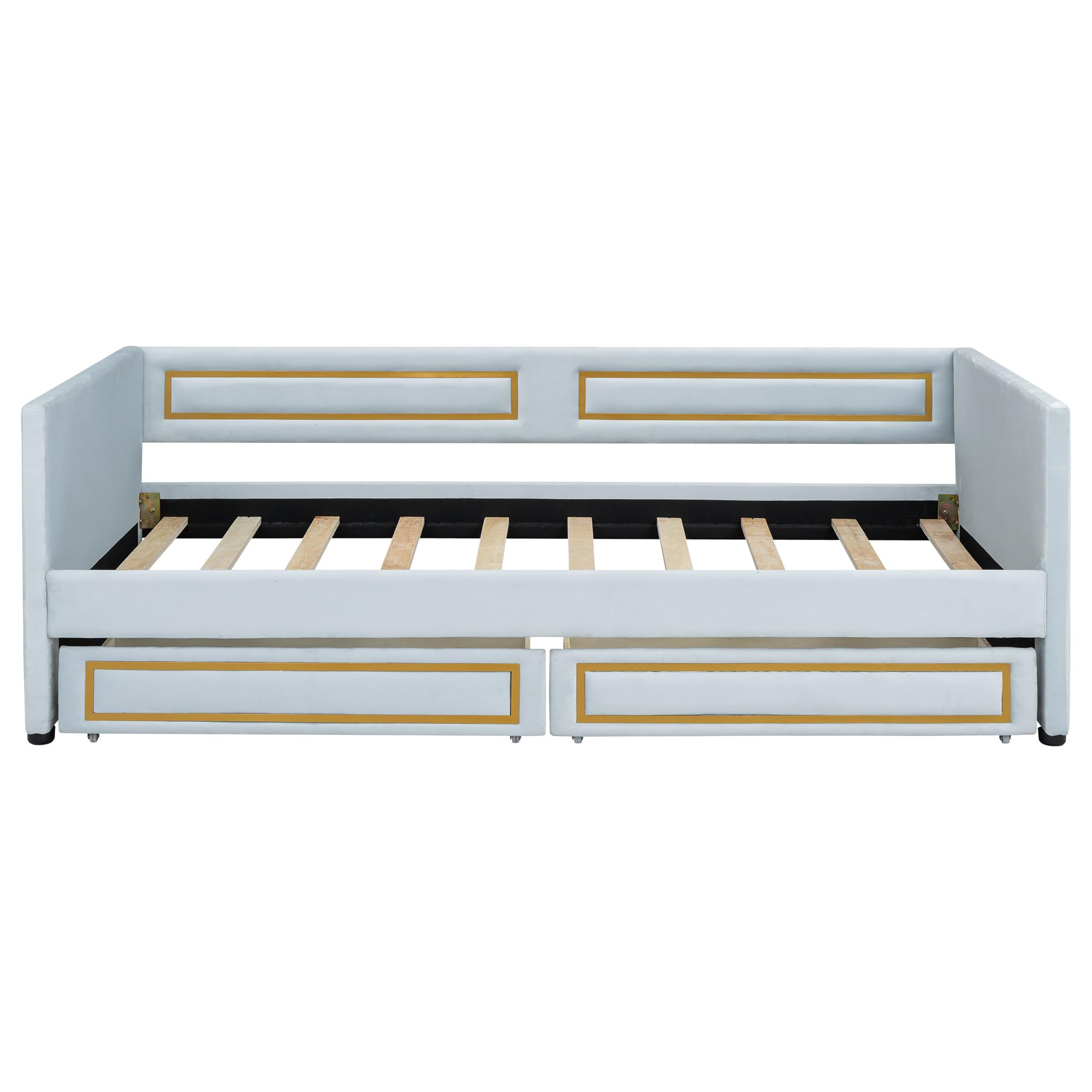 Twin Size Upholstered Daybed with Storage Drawers, Trundle Bed with Metal Border, Backrest & Armrest, Wood Slat Support, Blue