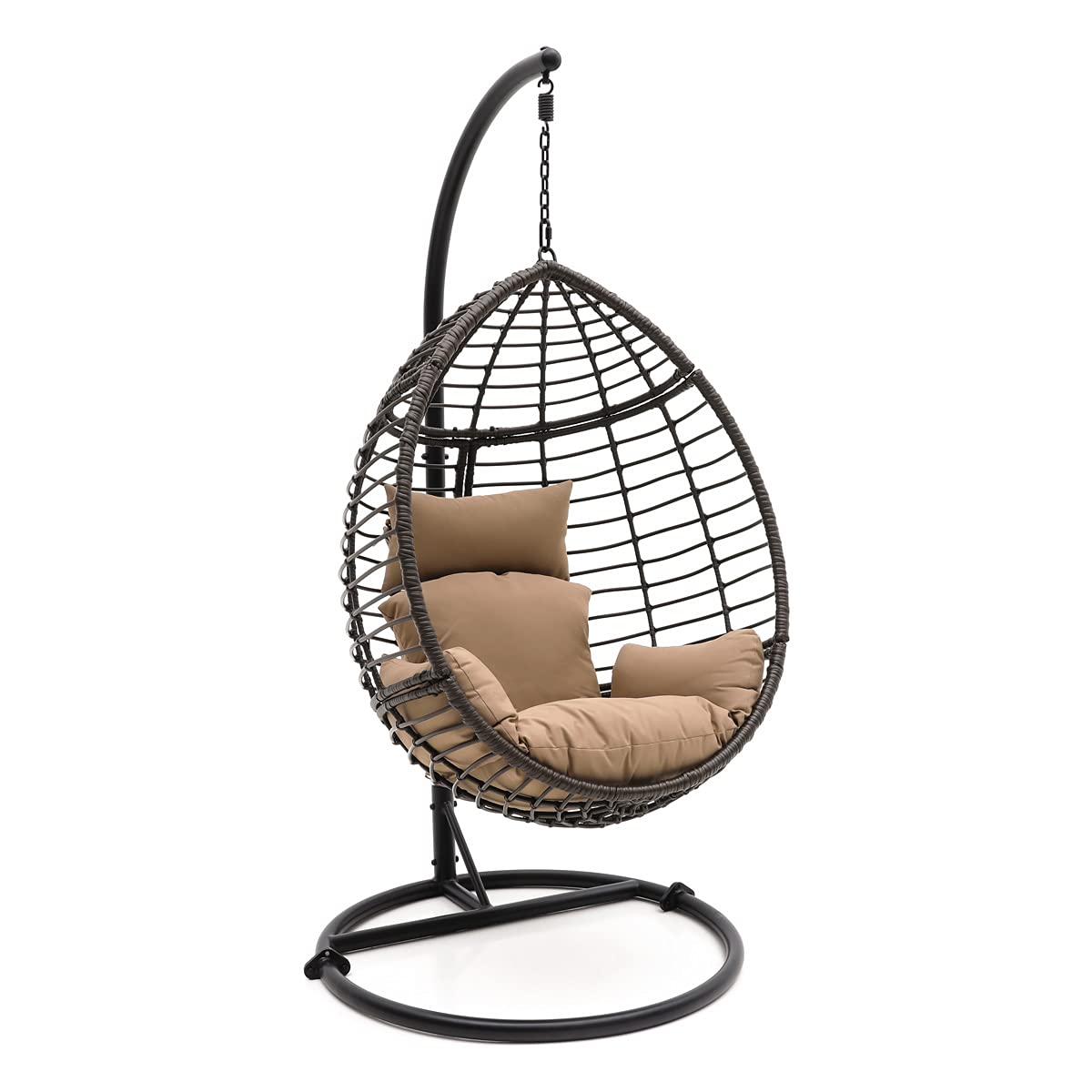 Hanging Wicker Egg Swing Chair with Stand, Indoor Outdoor Rattan Chair with Cushions, 66 lbs Capacity, Powder-Coated Steel Frame, Brown