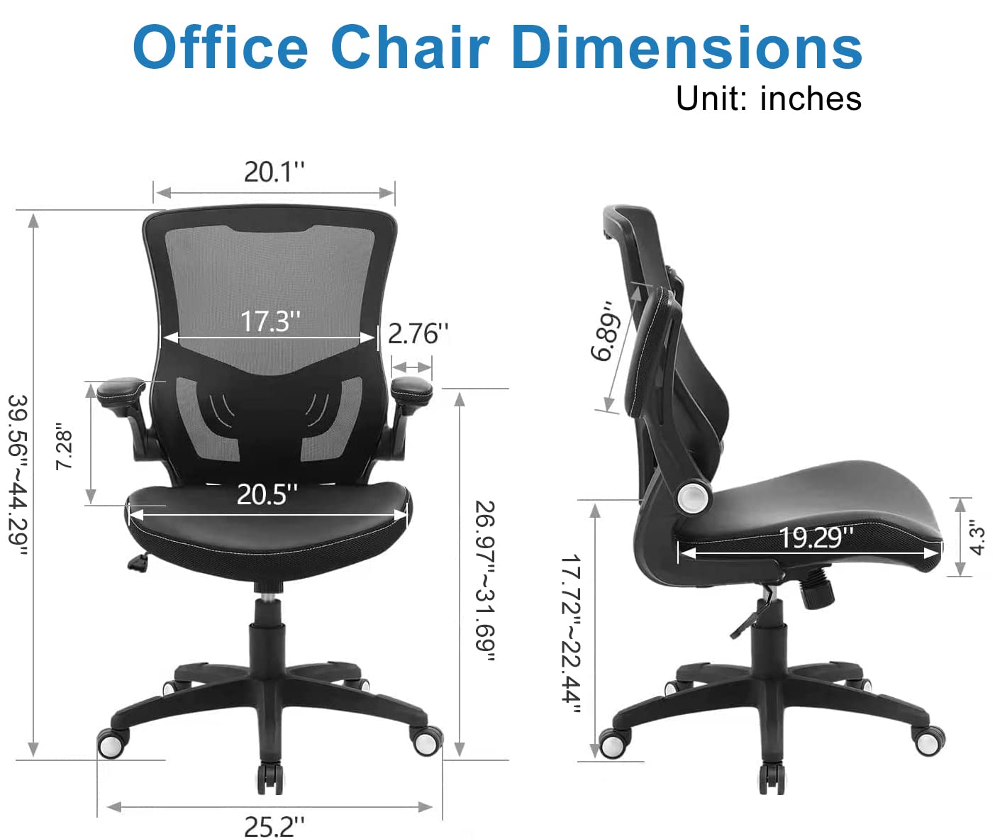 Chair Ergonomic Desk Chair, Computer PU Leather Home Office Chair, Swivel Mesh Back Adjustable Lumbar Support Flip-up Arms Executive Task Chair