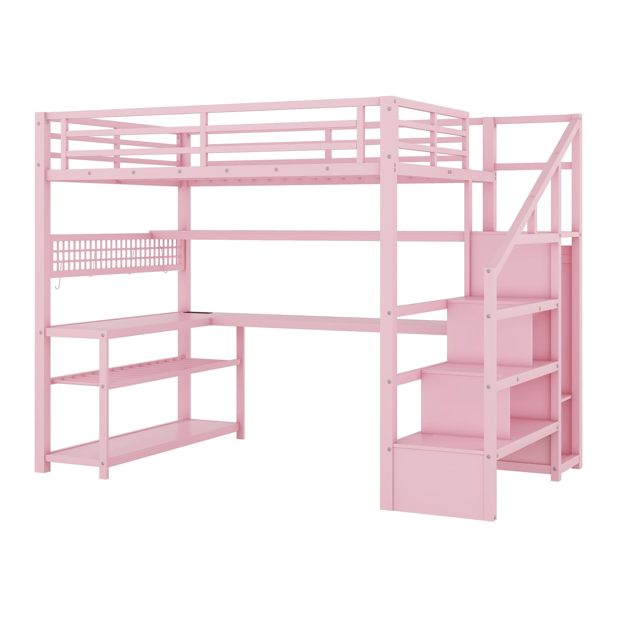 Full Size Metal Loft Bed with LED, Desk, Drawers, Shelves, Hanging Rod & Charging Station – Gaming Loft Bed for Teens/Kids, Pink