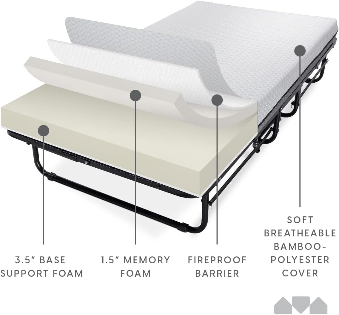 Deluxe Diplomat Folding Bed with Mattress for Adults, Twin Size, Portable Foldable Bed with Luxurious Memory Foam Mattress & Super Strong Frame