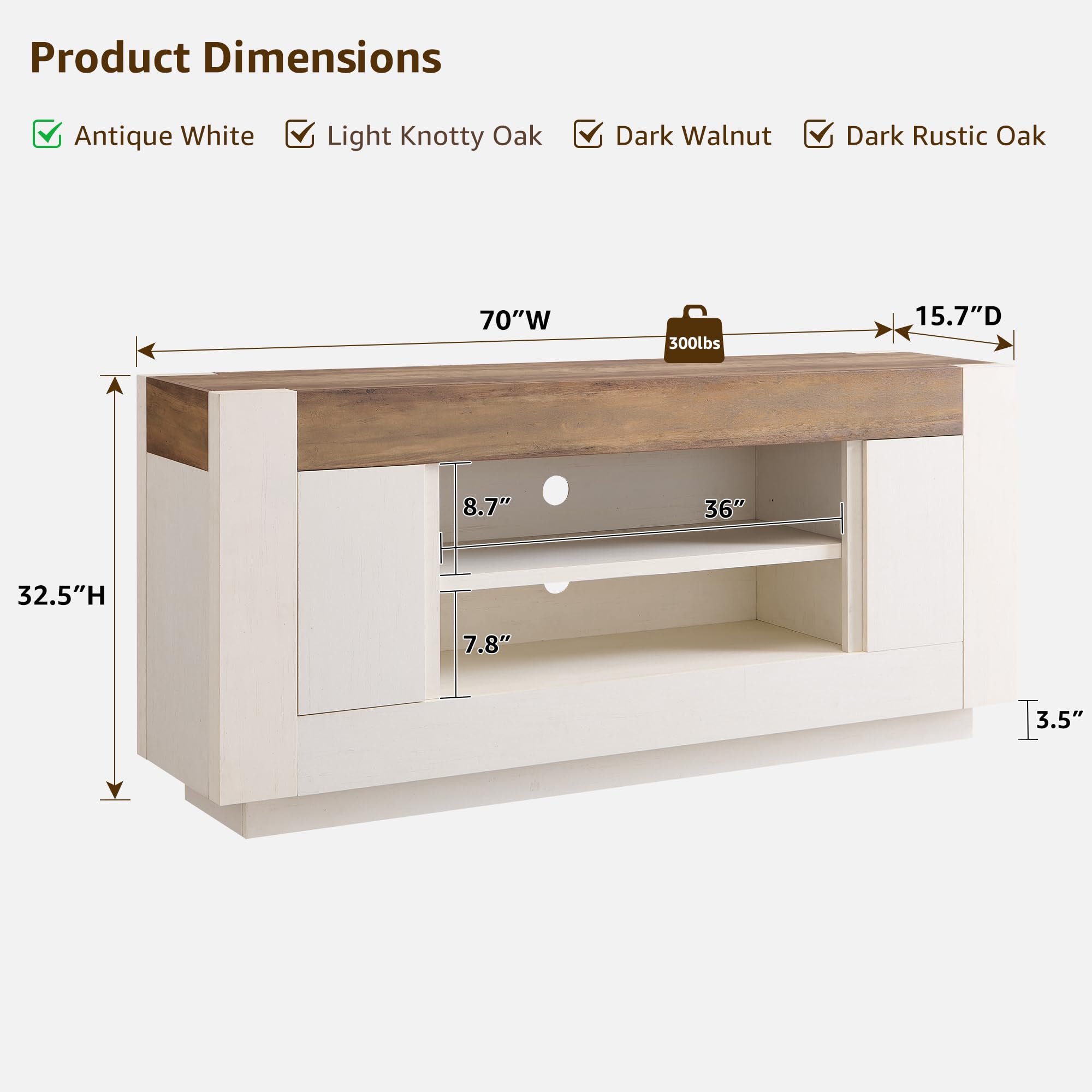 Modern 70" TV Stand, Entertainment Center for TVs up to 80", Media Console with Open Storage & Side Cabinets, Thick Wood Design, Antique White
