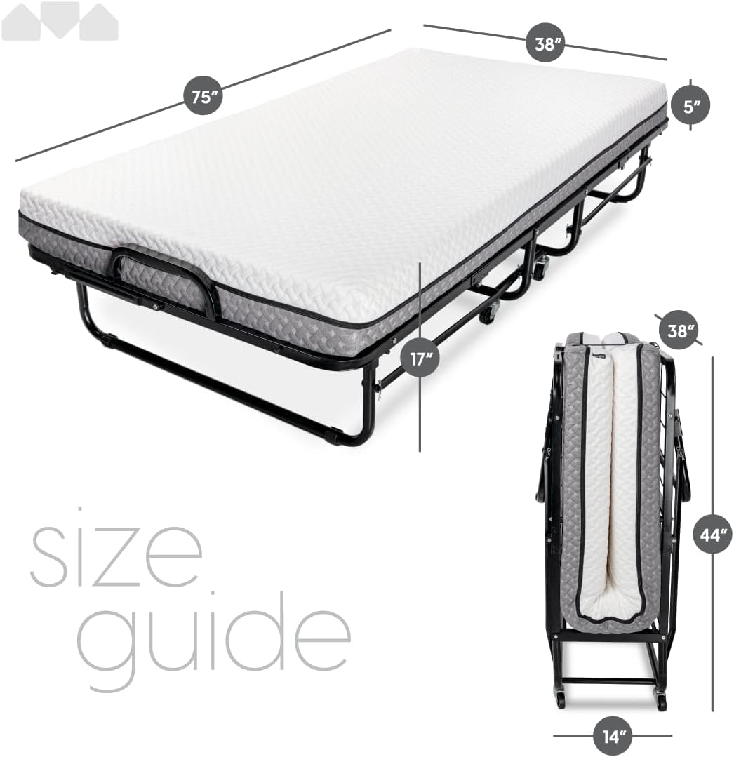 Deluxe Diplomat Folding Bed with Mattress for Adults, Twin Size, Portable Foldable Bed with Luxurious Memory Foam Mattress & Super Strong Frame