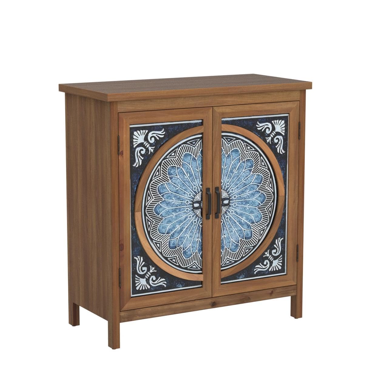 2-Door Accent Cabinet, Distressed Storage Cabinet with Blue and White Porcelain Pattern for Entryway Living Room