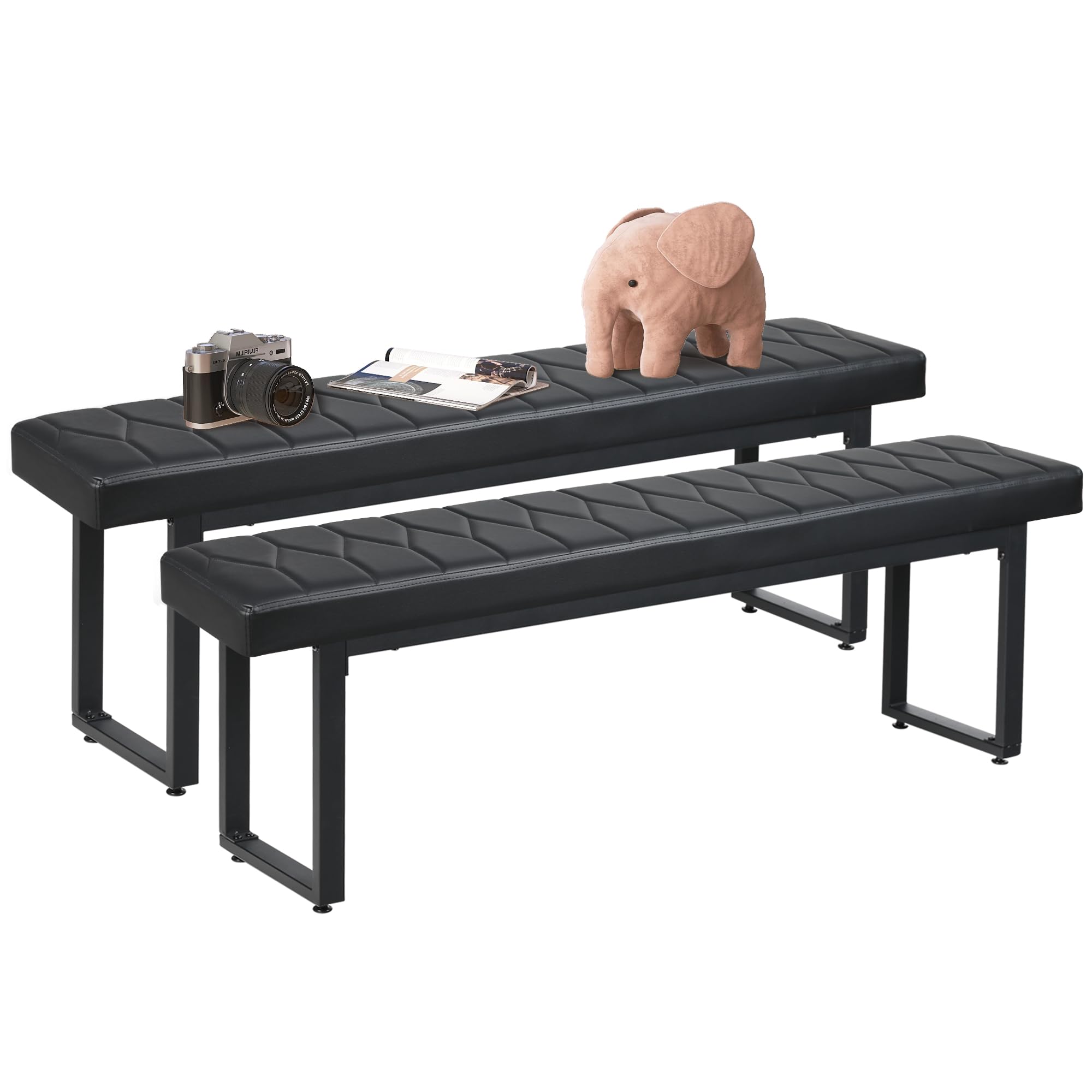 Set of 2 Padded 58" Dining Benches, Faux Leather Extra Long Cushioned Seats for 6–8 People, Entryway, Bedside, Dining Room, Black